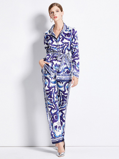 Φθινοπωρινό Runway Κόκκινο μπλε και λευκό πορσελάνινο μεταξωτό σετ δύο τεμαχίων Γυναικείο πουκάμισο μπλουζάκι με οδοντωτό μπλουζάκι+Κοστούμια παντελόνι με φαρδύ πόδι με ελαστική μέση