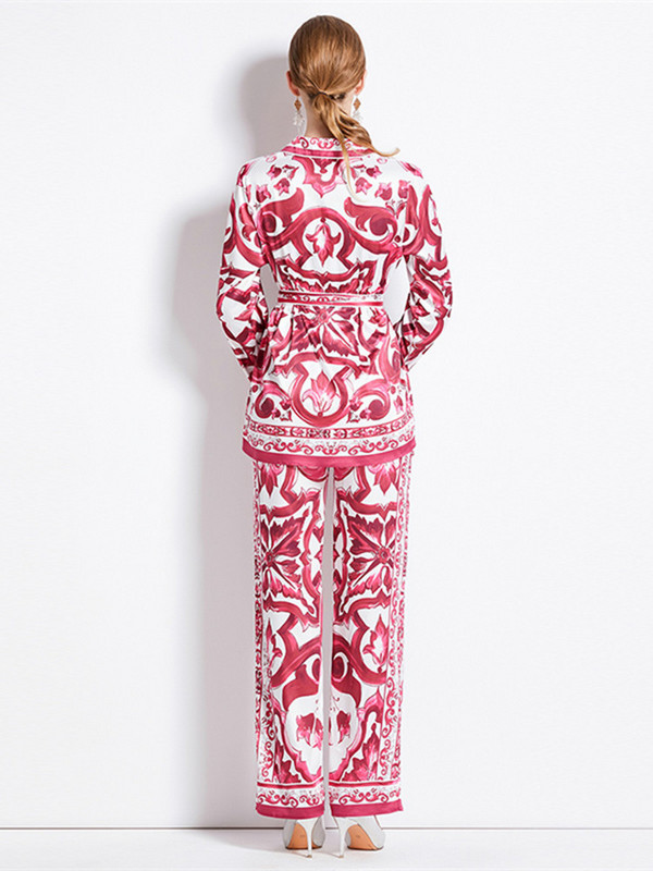 Φθινοπωρινό Runway Κόκκινο μπλε και λευκό πορσελάνινο μεταξωτό σετ δύο τεμαχίων Γυναικείο πουκάμισο μπλουζάκι με οδοντωτό μπλουζάκι＋Κοστούμια παντελόνι με φαρδύ πόδι με ελαστική μέση