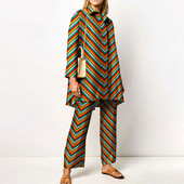 Νέο γυναικείο κάζουαλ δύο κομμάτια μακρυμάνικο πουκάμισο με αναδιπλούμενο γιακά και γεωμετρικό ίσιο γυναικείο παντελόνι Κομψή φθινοπωρινή στολή