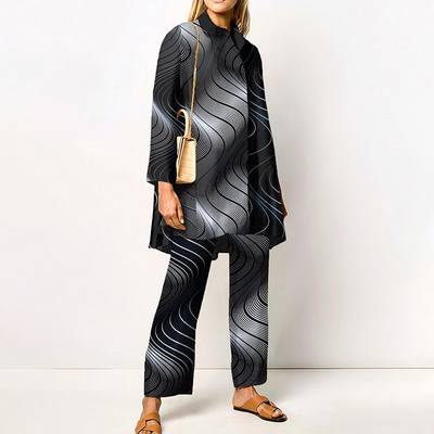 Νέο γυναικείο κάζουαλ δύο κομμάτια μακρυμάνικο πουκάμισο με αναδιπλούμενο γιακά και γεωμετρικό ίσιο γυναικείο παντελόνι Κομψή φθινοπωρινή στολή