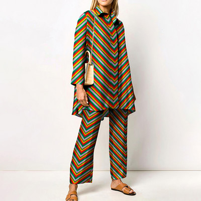 Νέο γυναικείο κάζουαλ δύο κομμάτια μακρυμάνικο πουκάμισο με αναδιπλούμενο γιακά και γεωμετρικό ίσιο γυναικείο παντελόνι Κομψή φθινοπωρινή στολή