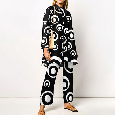 Νέο γυναικείο κάζουαλ δύο κομμάτια μακρυμάνικο πουκάμισο με αναδιπλούμενο γιακά και γεωμετρικό ίσιο γυναικείο παντελόνι Κομψή φθινοπωρινή στολή