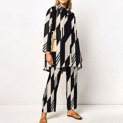 Νέο γυναικείο κάζουαλ δύο κομμάτια μακρυμάνικο πουκάμισο με αναδιπλούμενο γιακά και γεωμετρικό ίσιο γυναικείο παντελόνι Κομψή φθινοπωρινή στολή