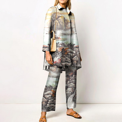 Νέο γυναικείο κάζουαλ δύο κομμάτια μακρυμάνικο πουκάμισο με αναδιπλούμενο γιακά και γεωμετρικό ίσιο γυναικείο παντελόνι Κομψή φθινοπωρινή στολή