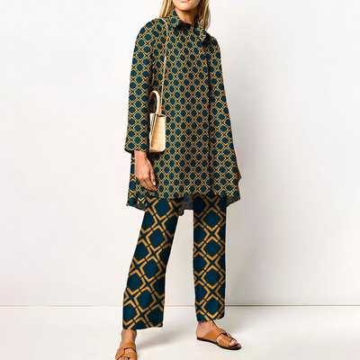 Νέο γυναικείο κάζουαλ δύο κομμάτια μακρυμάνικο πουκάμισο με αναδιπλούμενο γιακά και γεωμετρικό ίσιο γυναικείο παντελόνι Κομψή φθινοπωρινή στολή