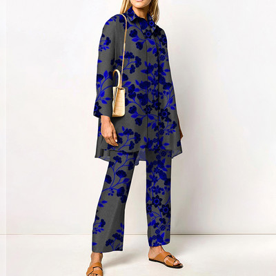 Νέο γυναικείο κάζουαλ δύο κομμάτια μακρυμάνικο πουκάμισο με αναδιπλούμενο γιακά και γεωμετρικό ίσιο γυναικείο παντελόνι Κομψή φθινοπωρινή στολή