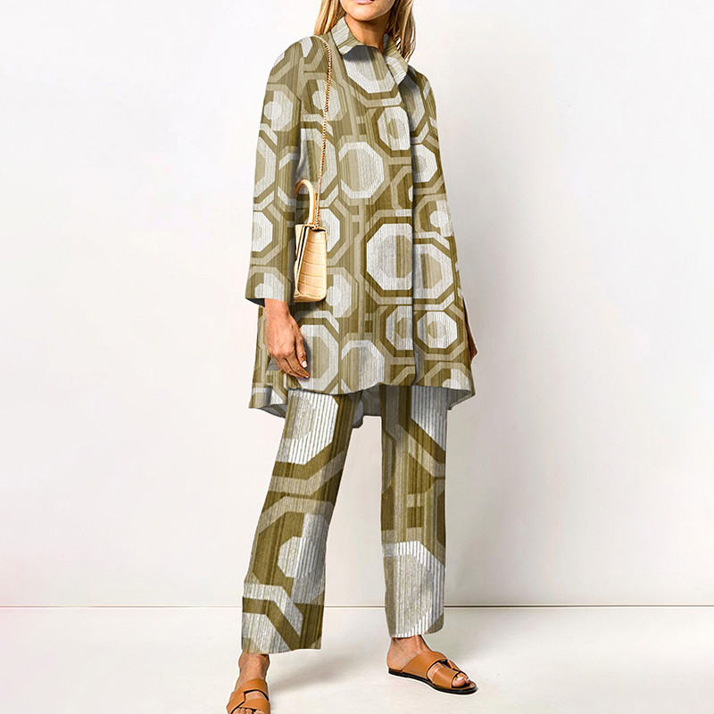 Νέο γυναικείο κάζουαλ δύο κομμάτια μακρυμάνικο πουκάμισο με αναδιπλούμενο γιακά και γεωμετρικό ίσιο γυναικείο παντελόνι Κομψή φθινοπωρινή στολή