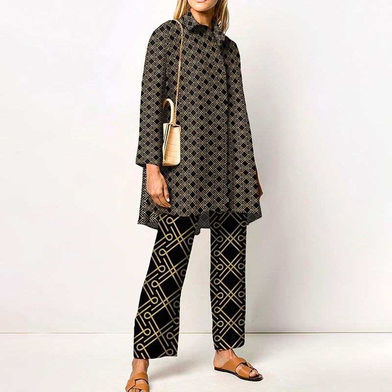 Νέο γυναικείο κάζουαλ δύο κομμάτια μακρυμάνικο πουκάμισο με αναδιπλούμενο γιακά και γεωμετρικό ίσιο γυναικείο παντελόνι Κομψή φθινοπωρινή στολή