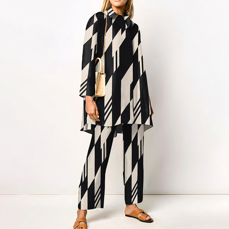 Νέο γυναικείο κάζουαλ δύο κομμάτια μακρυμάνικο πουκάμισο με αναδιπλούμενο γιακά και γεωμετρικό ίσιο γυναικείο παντελόνι Κομψή φθινοπωρινή στολή