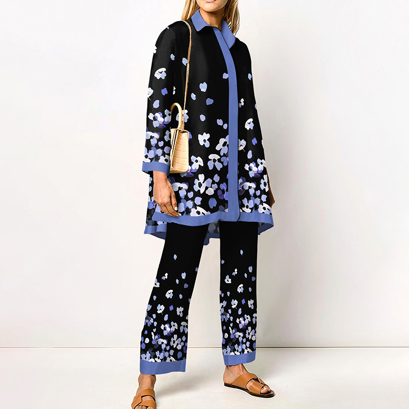 Νέο γυναικείο κάζουαλ δύο κομμάτια μακρυμάνικο πουκάμισο με αναδιπλούμενο γιακά και γεωμετρικό ίσιο γυναικείο παντελόνι Κομψή φθινοπωρινή στολή