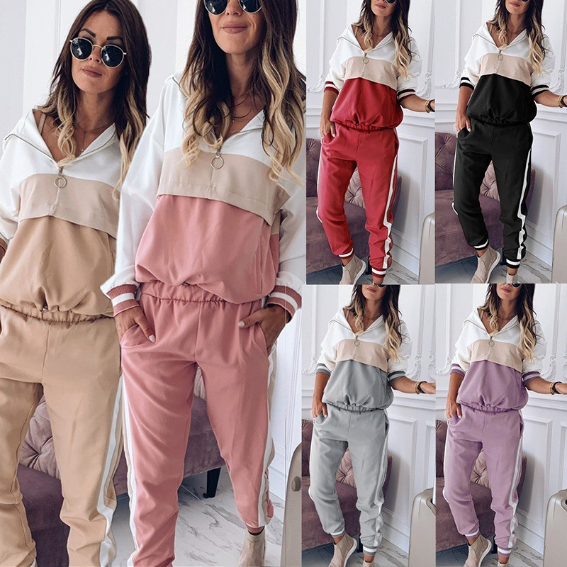 Γυναικείο μακρυμάνικο γυναικείο σετ φθινοπώρου και χειμώνα 2023 Παντελόνι τζόκινγκ με κουκούλα casual χρωματική αντίθεση Sport Loose Lady Set Patchwork