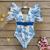 Vintage sinine lillemustriga ühes tükis ujumistrikoo 2024 naiste volangidega V-kaelusega pandlaga kõhukontrolliga ujumisriided rannas ujumistrikoo Monokini
