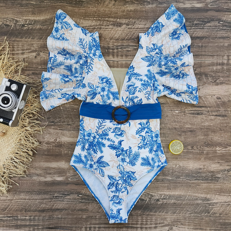 Vintage sinine lillemustriga ühes tükis ujumistrikoo 2024 naiste volangidega V-kaelusega pandlaga kõhukontrolliga ujumisriided rannas ujumistrikoo Monokini