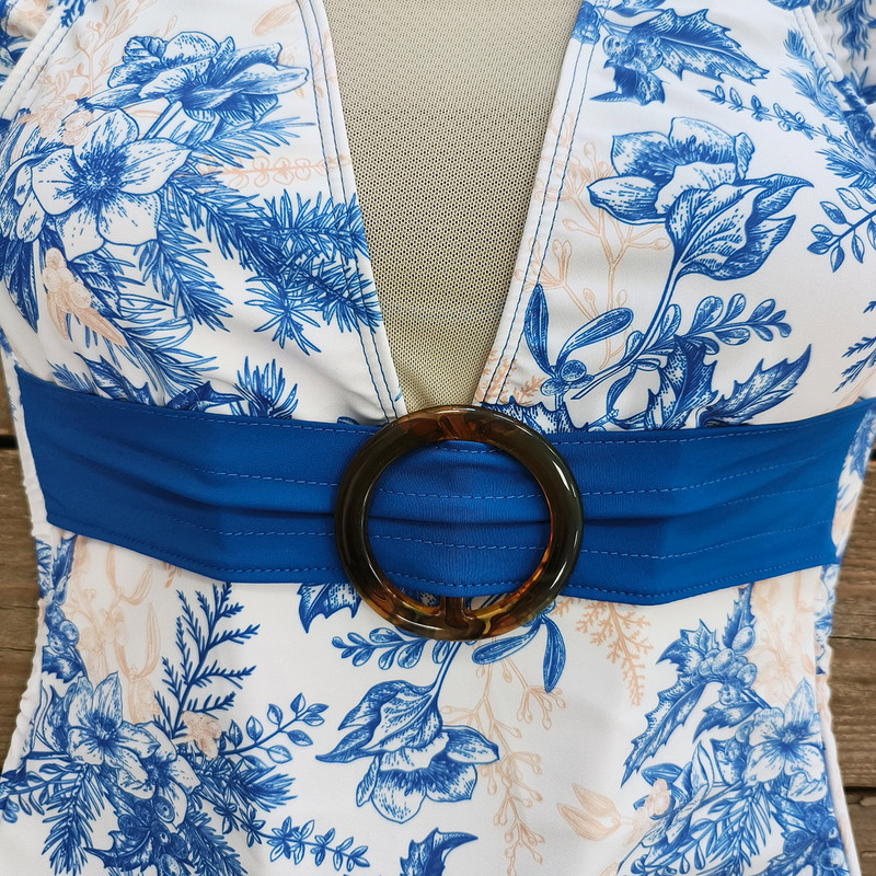 Vintage sinine lillemustriga ühes tükis ujumistrikoo 2024 naiste volangidega V-kaelusega pandlaga kõhukontrolliga ujumisriided rannas ujumistrikoo Monokini