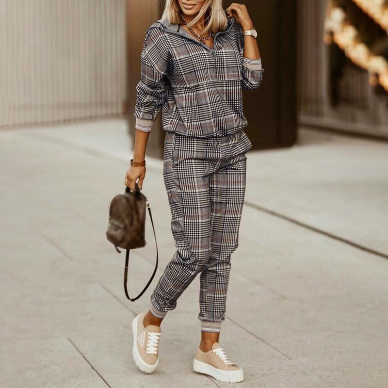 Dámska tepláková súprava 2023, dvojdielna súprava s dlhým rukávom, dvojdielna súprava, mikina, módna mriežková súprava na zips, ležérne nohavice, dámsky oblek