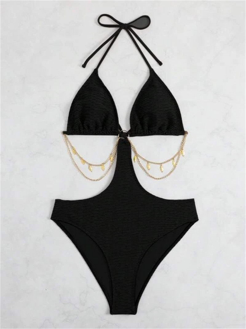 One Piece Γυναικείο Μαγιό 2023 Σέξι Μαύρο Πράσινη Μεταλλική Αλυσίδα Κοίλο Δαχτυλίδι Μονοκίνι Μαγιό Εξώπλατο στρινγκ