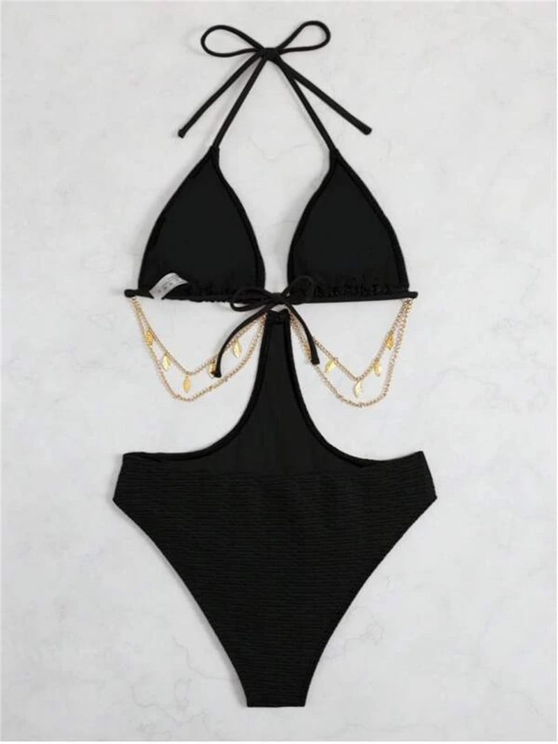 One Piece Γυναικείο Μαγιό 2023 Σέξι Μαύρο Πράσινη Μεταλλική Αλυσίδα Κοίλο Δαχτυλίδι Μονοκίνι Μαγιό Εξώπλατο στρινγκ