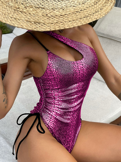 Costum de baie sexy cu imprimeu șarpe argintiu 2023 pentru femei, cu un singur umăr, costum de baie cu bandaj încrucișat, costum de baie pentru controlul burticii.