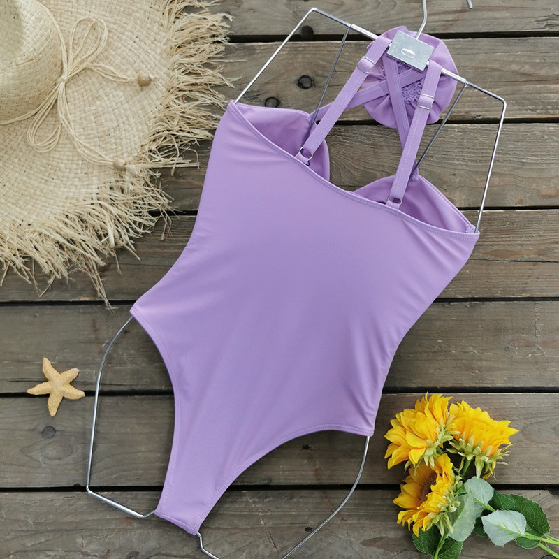 Nové jednodielne plavky pre ženy 2023, jednofarebné fialové krížené kvetinové dizajnérske plavky, plážové plavky s otvoreným chrbtom, monokini