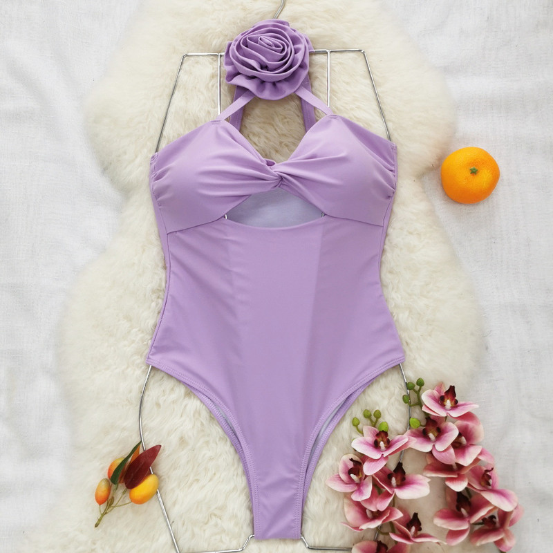 Nové jednodielne plavky pre ženy 2023, jednofarebné fialové krížené kvetinové dizajnérske plavky, plážové plavky s otvoreným chrbtom, monokini