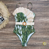 Vintage πράσινα φύλλα στάμπα συνονθύλευμα μαγιό 2023 Γυναικεία βολάν Push Up Πόρπη για έλεγχο κοιλιάς Μαγιό ζώνης παραλίας