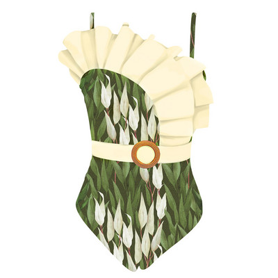 Vintage πράσινα φύλλα στάμπα συνονθύλευμα μαγιό 2023 Γυναικεία βολάν Push Up Πόρπη για έλεγχο κοιλιάς Μαγιό ζώνης παραλίας