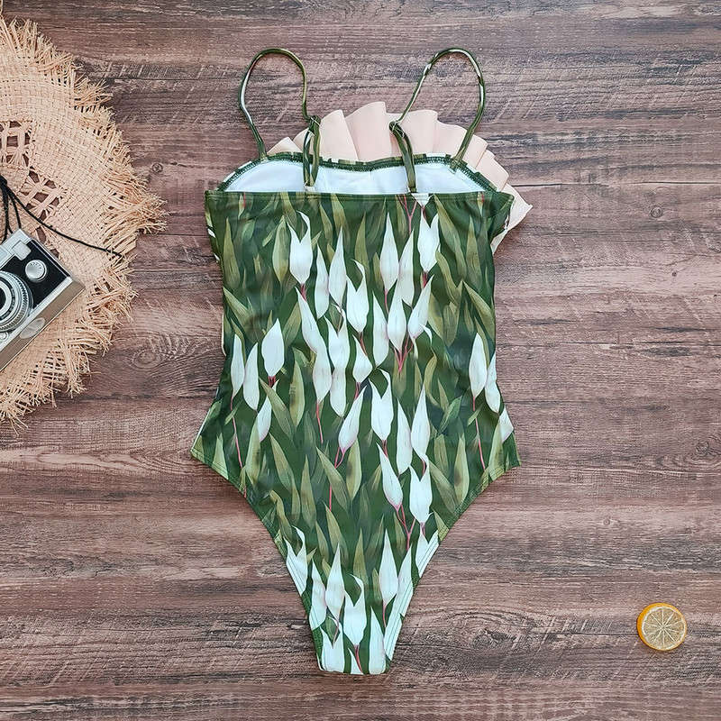 Vintage πράσινα φύλλα στάμπα συνονθύλευμα μαγιό 2023 Γυναικεία βολάν Push Up Πόρπη για έλεγχο κοιλιάς Μαγιό ζώνης παραλίας