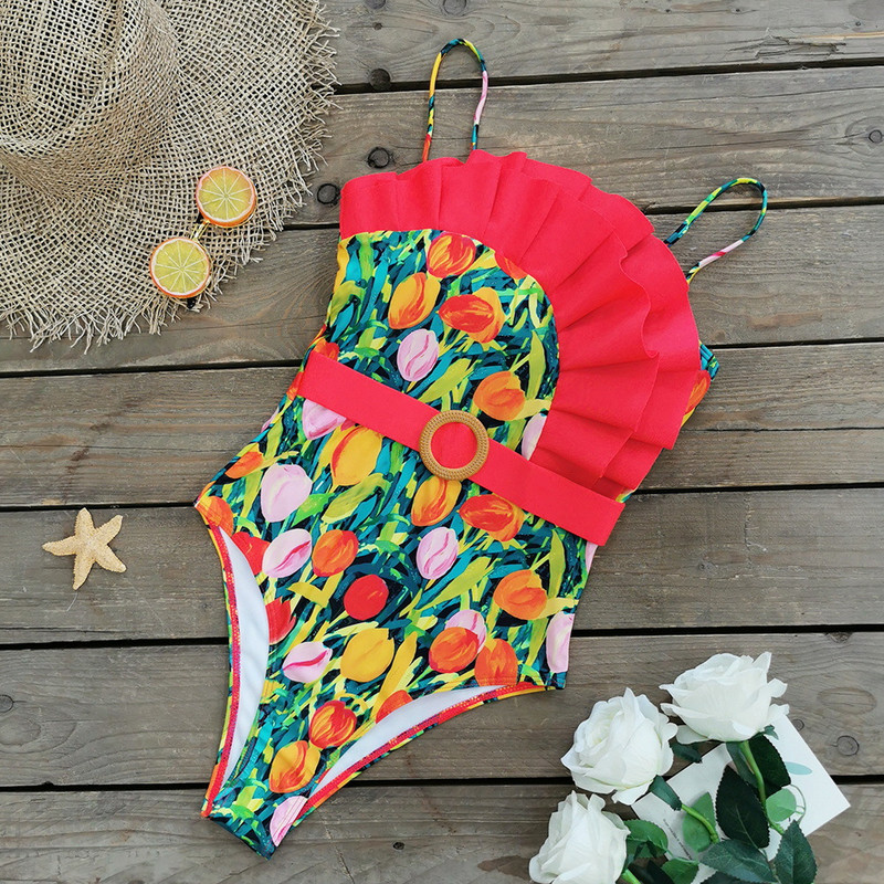 Vintage πράσινα φύλλα στάμπα συνονθύλευμα μαγιό 2023 Γυναικεία βολάν Push Up Πόρπη για έλεγχο κοιλιάς Μαγιό ζώνης παραλίας