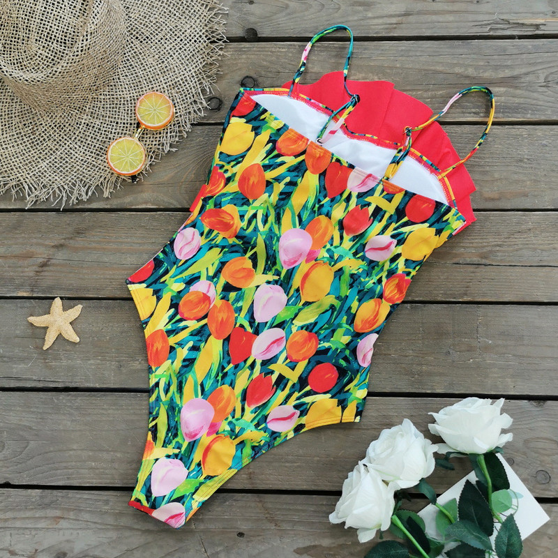 Vintage πράσινα φύλλα στάμπα συνονθύλευμα μαγιό 2023 Γυναικεία βολάν Push Up Πόρπη για έλεγχο κοιλιάς Μαγιό ζώνης παραλίας