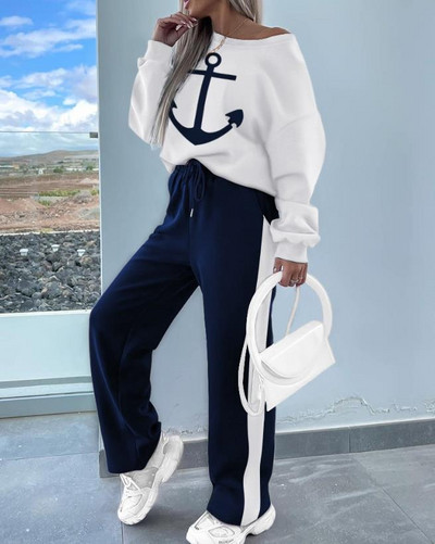 Dvodijelni set Ženska odjeća Moda za jesen 2023., ružičasta majica s leopard printom s okruglim izrezom i dugim rukavima, ležerni komplet dugih trenirki