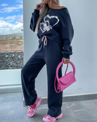 Dvodijelni set Ženska odjeća Moda za jesen 2023., ružičasta majica s leopard printom s okruglim izrezom i dugim rukavima, ležerni komplet dugih trenirki