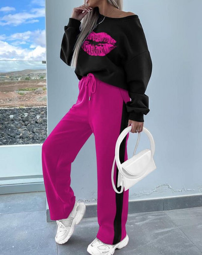 Dvodijelni set Ženska odjeća Moda za jesen 2023., ružičasta majica s leopard printom s okruglim izrezom i dugim rukavima, ležerni komplet dugih trenirki
