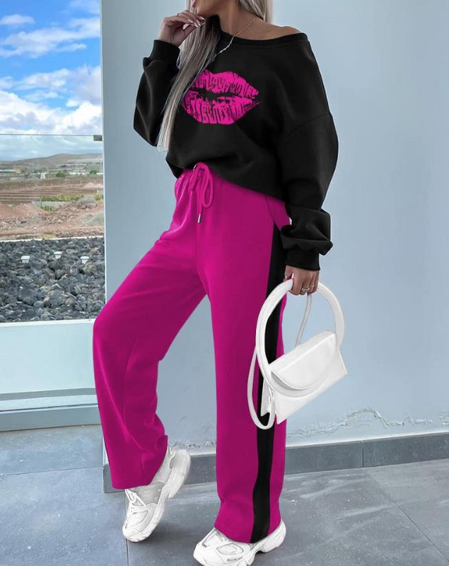 Dvodijelni set Ženska odjeća Moda za jesen 2023., ružičasta majica s leopard printom s okruglim izrezom i dugim rukavima, ležerni komplet dugih trenirki