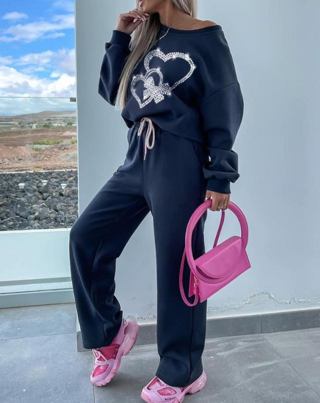 Dvodijelni set Ženska odjeća Moda za jesen 2023., ružičasta majica s leopard printom s okruglim izrezom i dugim rukavima, ležerni komplet dugih trenirki