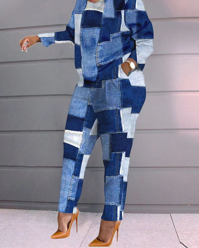 Γυναικείο σετ παντελονιών μόδας φθινόπωρο 2023 Νέα στάμπα μακρυμάνικα μπλουζάκια παντελόνι τσέπης κοστούμι δύο τεμαχίων αθλητικές φόρμες Γυναικεία ρούχα