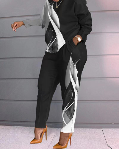 Γυναικείο σετ παντελονιών μόδας φθινόπωρο 2023 Νέα στάμπα μακρυμάνικα μπλουζάκια παντελόνι τσέπης κοστούμι δύο τεμαχίων αθλητικές φόρμες Γυναικεία ρούχα