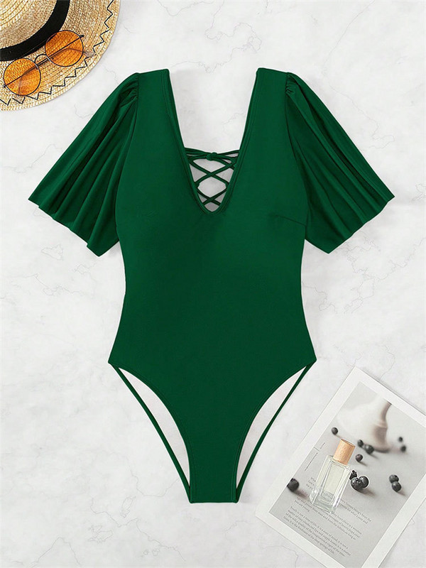 Fashion Green One Piece μαγιό 2023 Γυναικεία μαγιό με κοντό μανίκι V λαιμόκοψη Μαγιό παραλίας