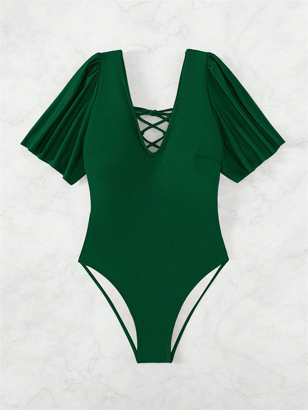 Fashion Green One Piece μαγιό 2023 Γυναικεία μαγιό με κοντό μανίκι V λαιμόκοψη Μαγιό παραλίας