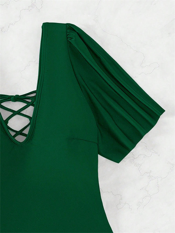 Fashion Green One Piece μαγιό 2023 Γυναικεία μαγιό με κοντό μανίκι V λαιμόκοψη Μαγιό παραλίας