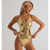 Costum de baie sexy din piele aurie pentru femei 2023, strălucitor, solid, plajă, costum de baie, costum de baie de vară, monokini subțire pentru controlul burticii