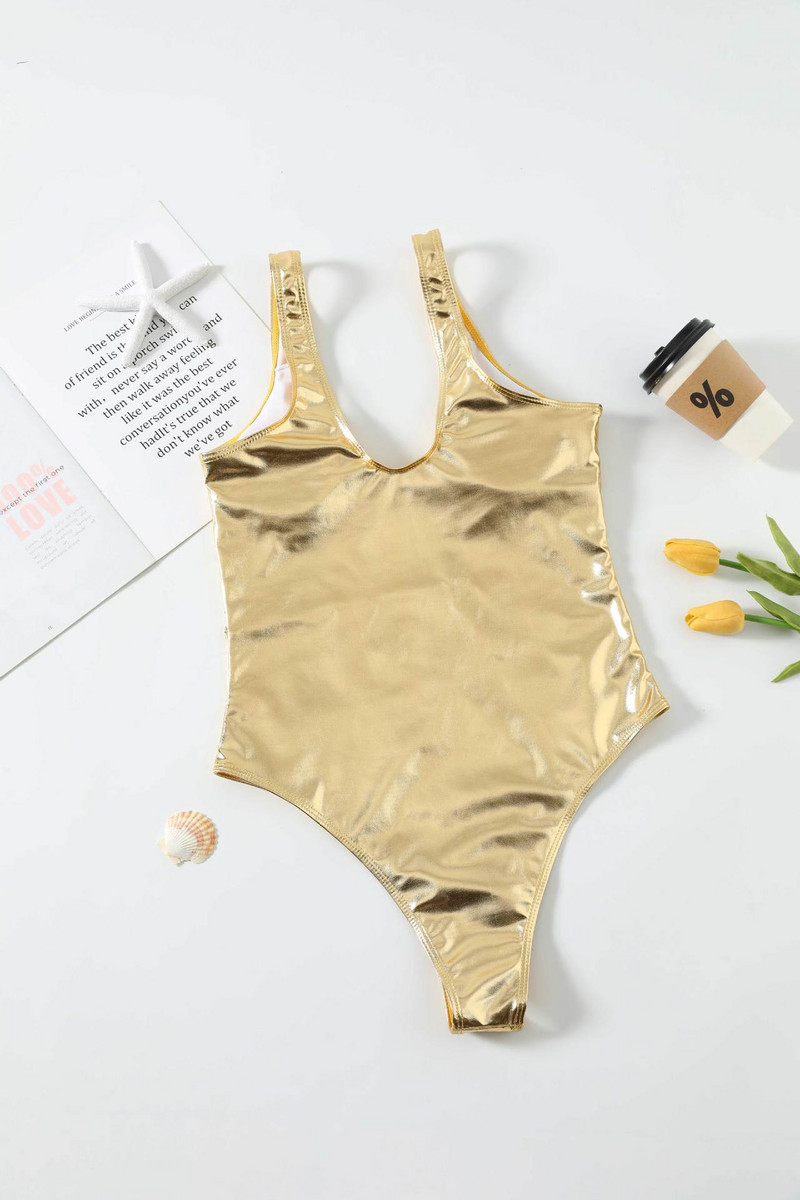 Costum de baie sexy din piele aurie pentru femei 2023, strălucitor, solid, plajă, costum de baie, costum de baie de vară, monokini subțire pentru controlul burticii