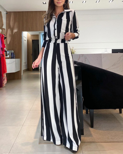2023-as női, csíkos, zsebes dizájn ing és széles szárú nadrág szett lehajtható gallérral, hosszú ujjú, elegáns munkaruha nadrágkosztüm, női ropa