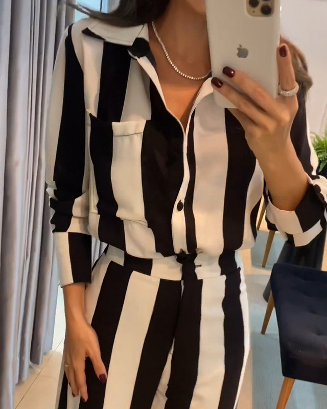 2023-as női, csíkos, zsebes dizájn ing és széles szárú nadrág szett lehajtható gallérral, hosszú ujjú, elegáns munkaruha nadrágkosztüm, női ropa