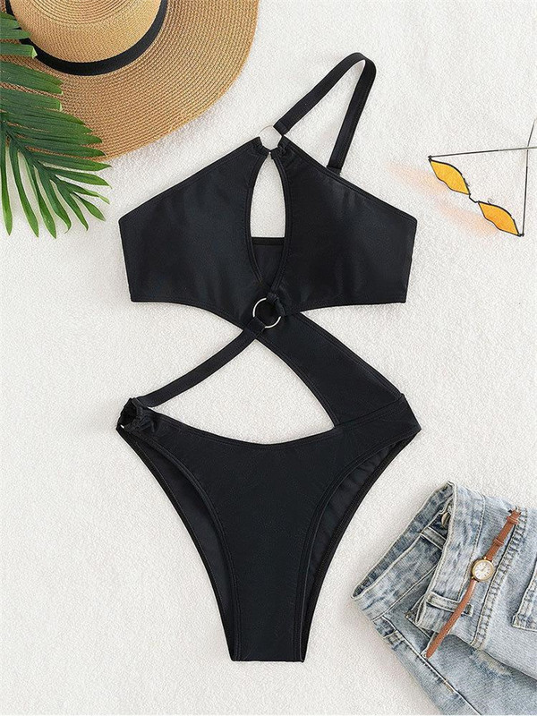 Dámske jednodielne plavky s push-up vzorom 2023, čierne, s dutým výstrihom, s prepojenými krúžkami, tangá, letné plavky s odhaleným chrbtom, plážové oblečenie