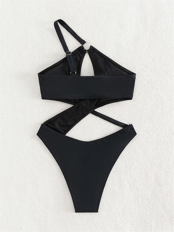 Dámske jednodielne plavky s push-up vzorom 2023, čierne, s dutým výstrihom, s prepojenými krúžkami, tangá, letné plavky s odhaleným chrbtom, plážové oblečenie