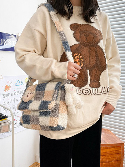 Ženska plišana shopping torba Vintage pahuljasto slatka, mekana korejskog stila Messenger navlaka na rame Ženske studentske torbe za žene 2023 Novo