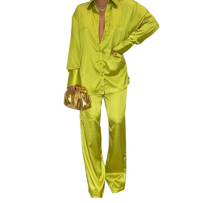 Set 2 piese asortat pentru femei din satin cu imprimeu elegant, toamna 2022, ocazional, cămașă cu mânecă lungă, pantaloni, set de costume pentru femei, topuri largi ținute