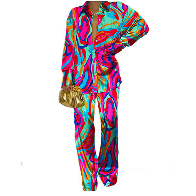 Set 2 piese asortat pentru femei din satin cu imprimeu elegant, toamna 2022, ocazional, cămașă cu mânecă lungă, pantaloni, set de costume pentru femei, topuri largi ținute