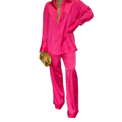 Set 2 piese asortat pentru femei din satin cu imprimeu elegant, toamna 2022, ocazional, cămașă cu mânecă lungă, pantaloni, set de costume pentru femei, topuri largi ținute