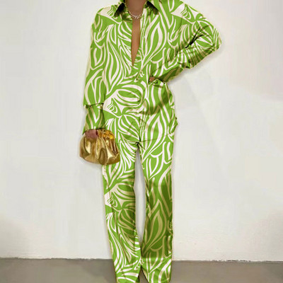 Set 2 piese asortat pentru femei din satin cu imprimeu elegant, toamna 2022, ocazional, cămașă cu mânecă lungă, pantaloni, set de costume pentru femei, topuri largi ținute